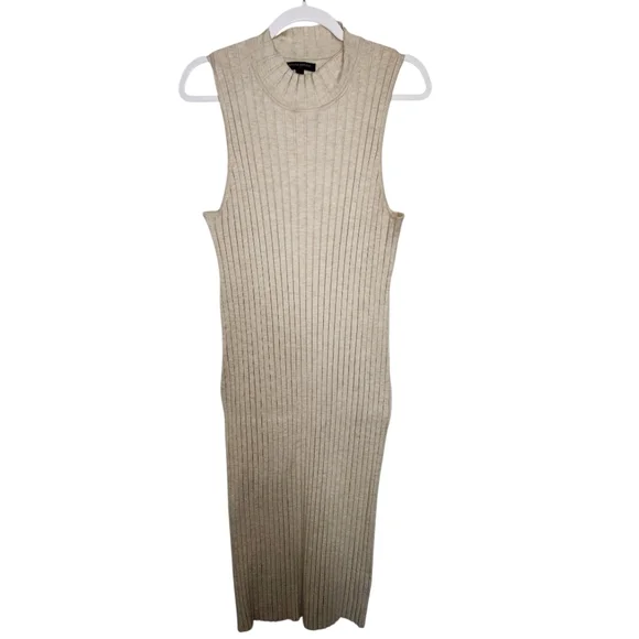 Banana Republic Ribbed Knit Midi Dress Sleeveless Mock Neck Neutral Capsule L - Picture 2 of 5